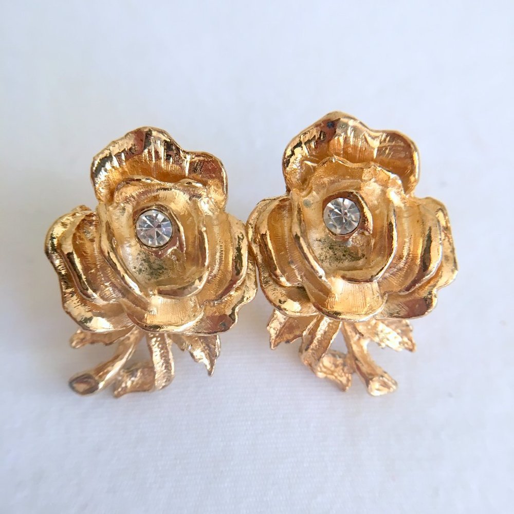 Flower Gold Tone Metal with Crystal Center Rose Blossom Pierced Earrings